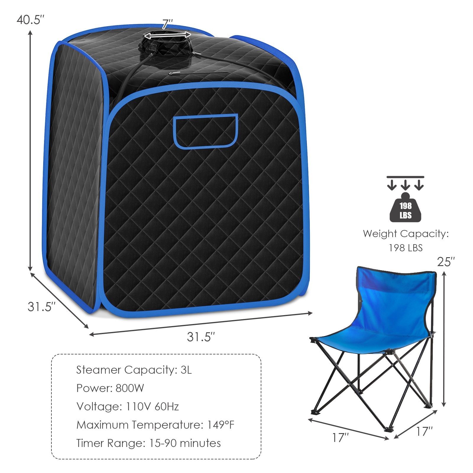 Portable Personal Steam Sauna Spa with Steamer Chair-Black